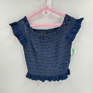 GAP Smocked Peplum Top Blue Size LT Denim Ruffle Cotton Lyocell Flutter NWT